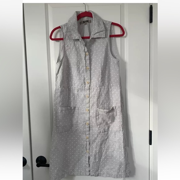 FLAX S Linen Sleeveless Shirtdress Gray Dot Knee Length Dress Pockets - Picture 1 of 6